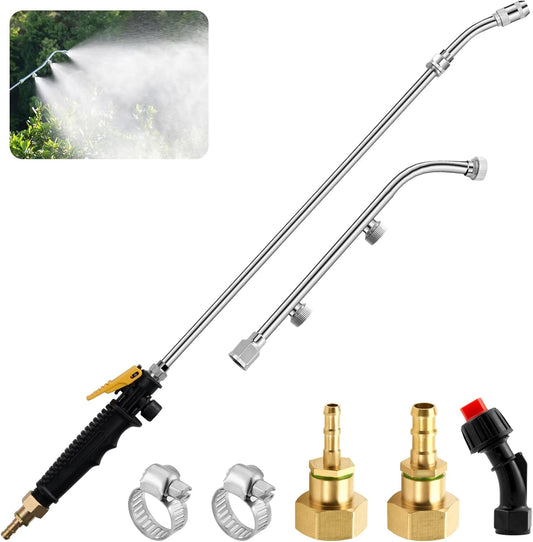 Pump Sprayer Wand with 3 Types of Nozzles, Fan Nozzle Replacement Sprayer Wand, Stainless Steel Sprayer Wand Replacement with 1/4" & 3/8" Brass Barb and 2 Hose Clamps (Plastic Handle)
