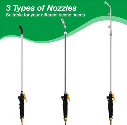 Pump Sprayer Wand with 3 Types of Nozzles, Fan Nozzle Replacement Sprayer Wand, Stainless Steel Sprayer Wand Replacement with 1/4" & 3/8" Brass Barb and 2 Hose Clamps (Plastic Handle)