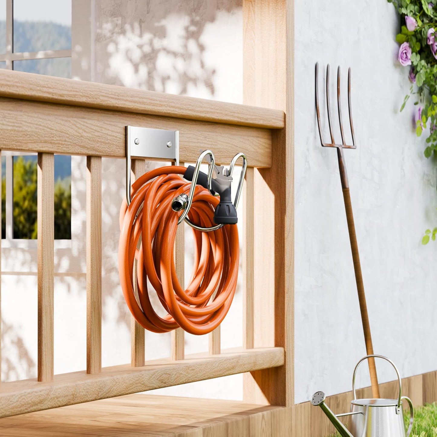 Stainless Steel Garden Hose Holder - Extra Large Heavy Duty Silver SS304 Wall Mounted Hanger for Water Hose, Extension Cords, Vacuum Lines, Anti-Rust Patented Design