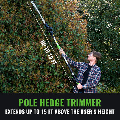 Pole Hedge Trimmer Cordless 20V with Battery Powered 20-Inch Electric Hedge Trimmers 15-FT Reach with Extension Pole Multiple Angles for Shrubs Pruning Bush Trimmer