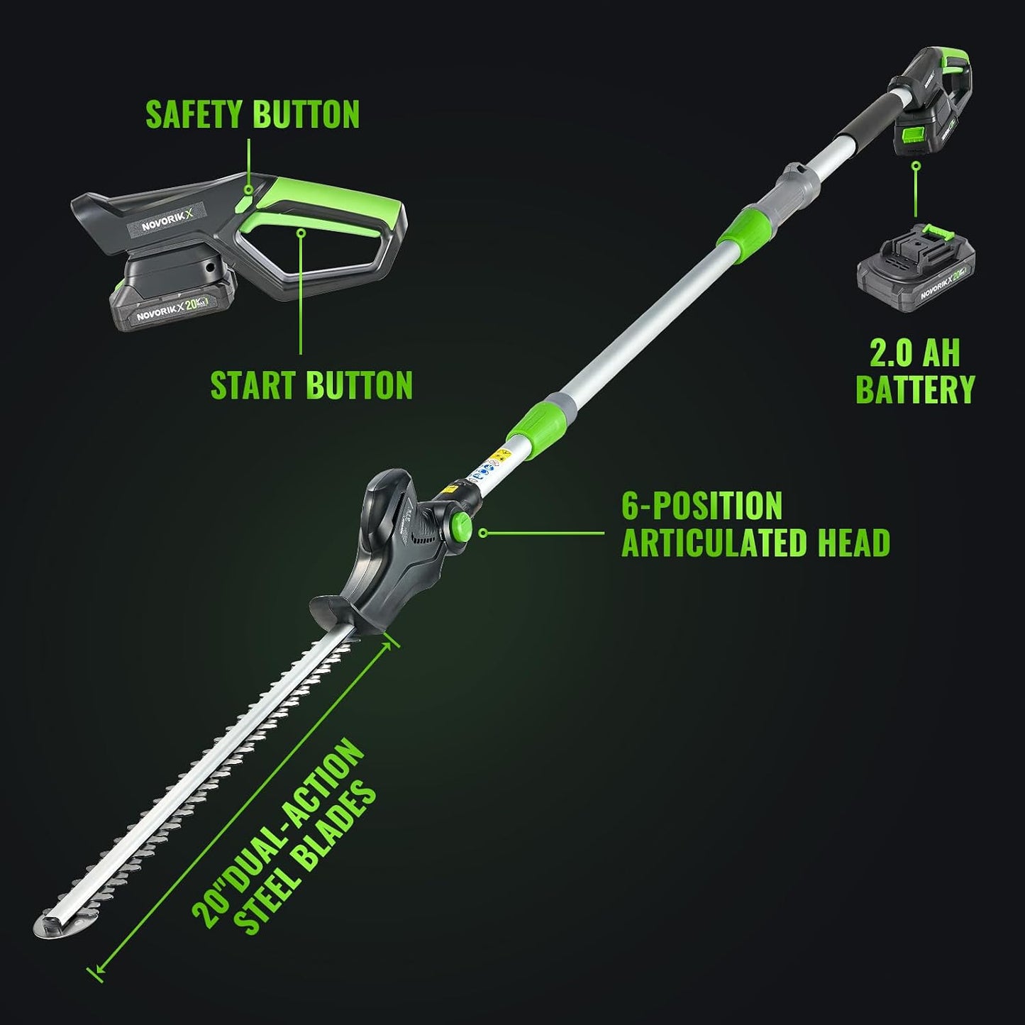 Pole Hedge Trimmer Cordless 20V with Battery Powered 20-Inch Electric Hedge Trimmers 15-FT Reach with Extension Pole Multiple Angles for Shrubs Pruning Bush Trimmer
