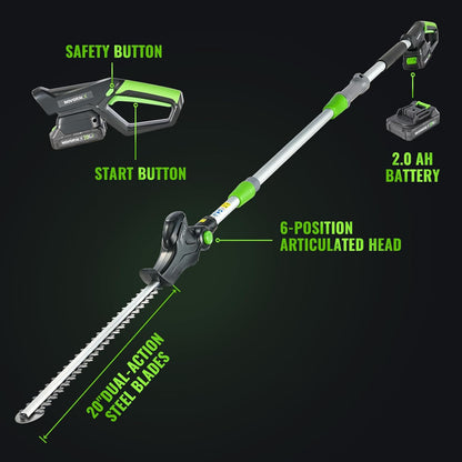 Pole Hedge Trimmer Cordless 20V with Battery Powered 20-Inch Electric Hedge Trimmers 15-FT Reach with Extension Pole Multiple Angles for Shrubs Pruning Bush Trimmer