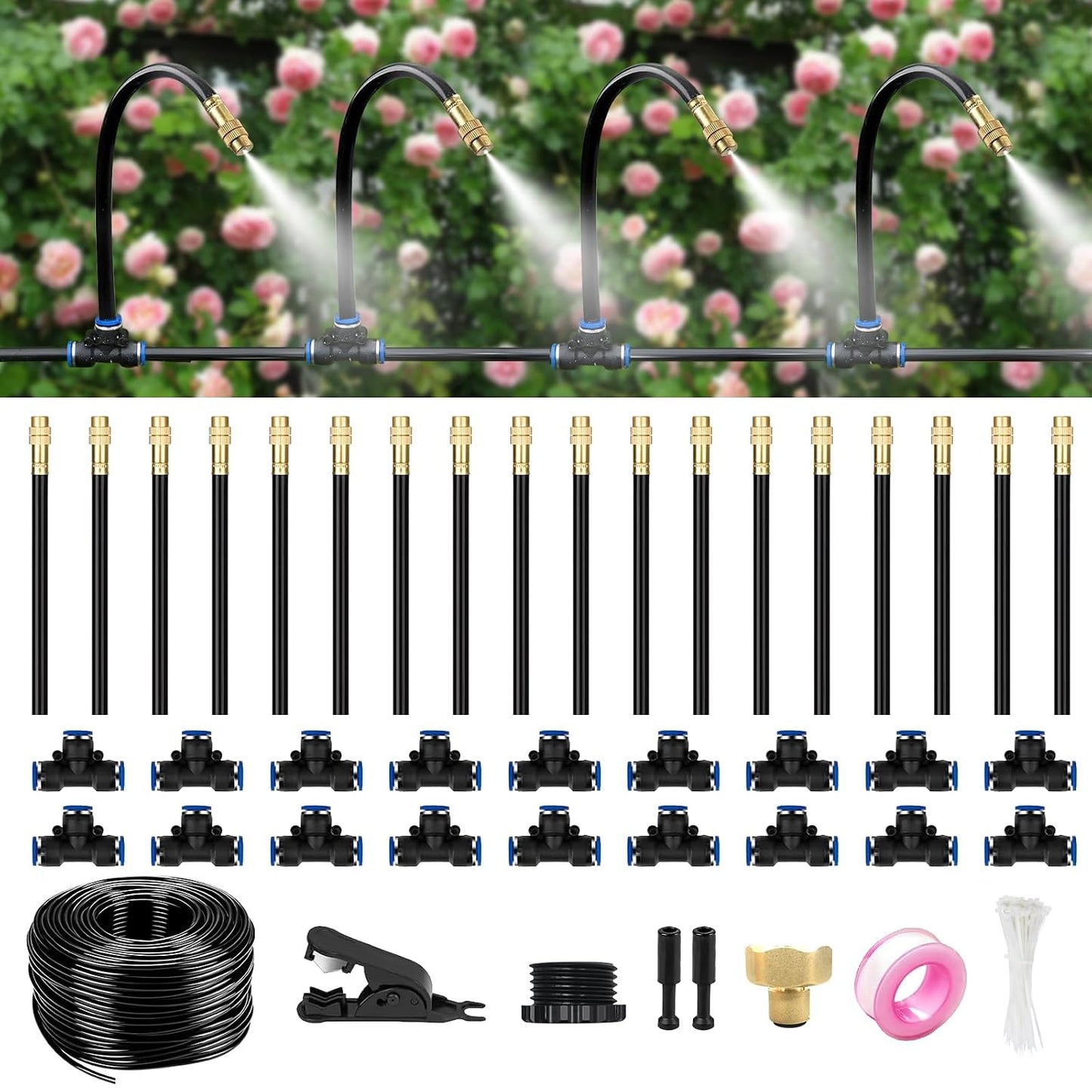 60FT Drip Irrigation System for Garden – Automatic Watering Kit with Solid Brass Metal Connectors, 360° Bendable Tubing &16 Adjustable Nozzles for Greenhouse, Lawn, Yard & Plants