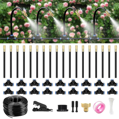 60FT Drip Irrigation System for Garden – Automatic Watering Kit with Solid Brass Metal Connectors, 360° Bendable Tubing &16 Adjustable Nozzles for Greenhouse, Lawn, Yard & Plants