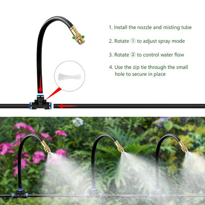 60FT Drip Irrigation System for Garden – Automatic Watering Kit with Solid Brass Metal Connectors, 360° Bendable Tubing &16 Adjustable Nozzles for Greenhouse, Lawn, Yard & Plants