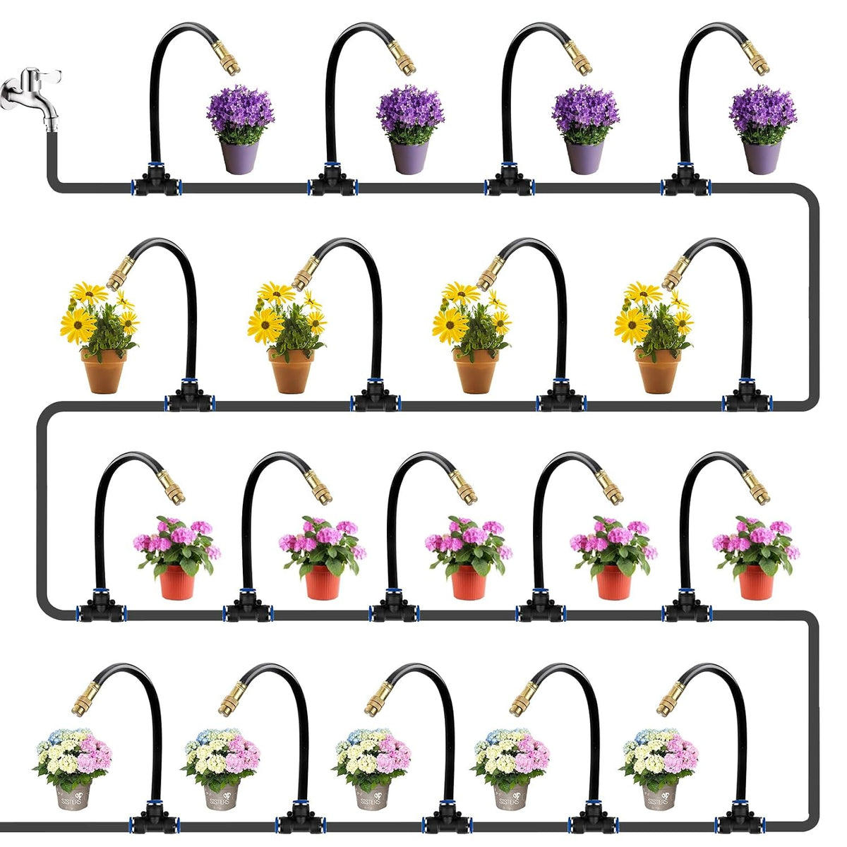 60FT Drip Irrigation System for Garden – Automatic Watering Kit with Solid Brass Metal Connectors, 360° Bendable Tubing &16 Adjustable Nozzles for Greenhouse, Lawn, Yard & Plants