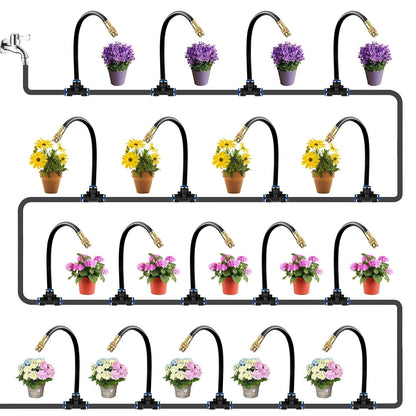 60FT Drip Irrigation System for Garden – Automatic Watering Kit with Solid Brass Metal Connectors, 360° Bendable Tubing &16 Adjustable Nozzles for Greenhouse, Lawn, Yard & Plants