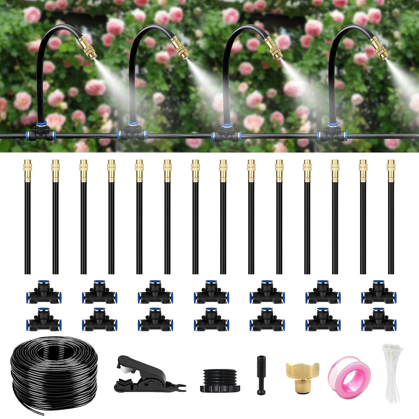 60FT Drip Irrigation System for Garden – Automatic Watering Kit with Solid Brass Metal Connectors, 360° Bendable Tubing &16 Adjustable Nozzles for Greenhouse, Lawn, Yard & Plants