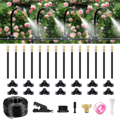 60FT Drip Irrigation System for Garden – Automatic Watering Kit with Solid Brass Metal Connectors, 360° Bendable Tubing &16 Adjustable Nozzles for Greenhouse, Lawn, Yard & Plants