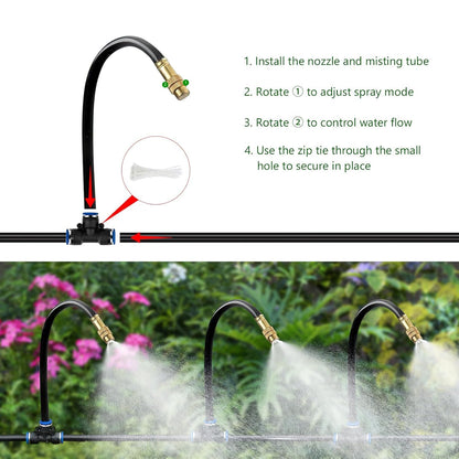 60FT Drip Irrigation System for Garden – Automatic Watering Kit with Solid Brass Metal Connectors, 360° Bendable Tubing &16 Adjustable Nozzles for Greenhouse, Lawn, Yard & Plants