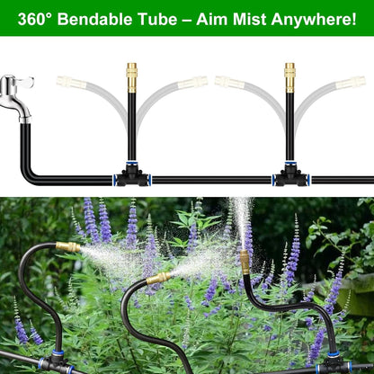 60FT Drip Irrigation System for Garden – Automatic Watering Kit with Solid Brass Metal Connectors, 360° Bendable Tubing &16 Adjustable Nozzles for Greenhouse, Lawn, Yard & Plants
