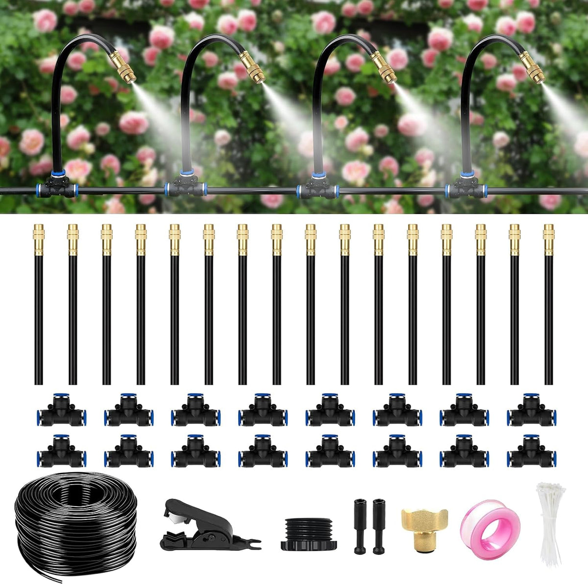 60FT Drip Irrigation System for Garden – Automatic Watering Kit with Solid Brass Metal Connectors, 360° Bendable Tubing &16 Adjustable Nozzles for Greenhouse, Lawn, Yard & Plants