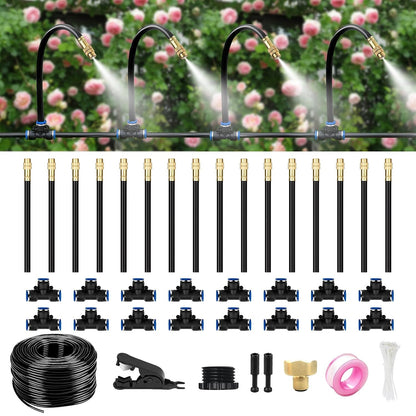 60FT Drip Irrigation System for Garden – Automatic Watering Kit with Solid Brass Metal Connectors, 360° Bendable Tubing &16 Adjustable Nozzles for Greenhouse, Lawn, Yard & Plants