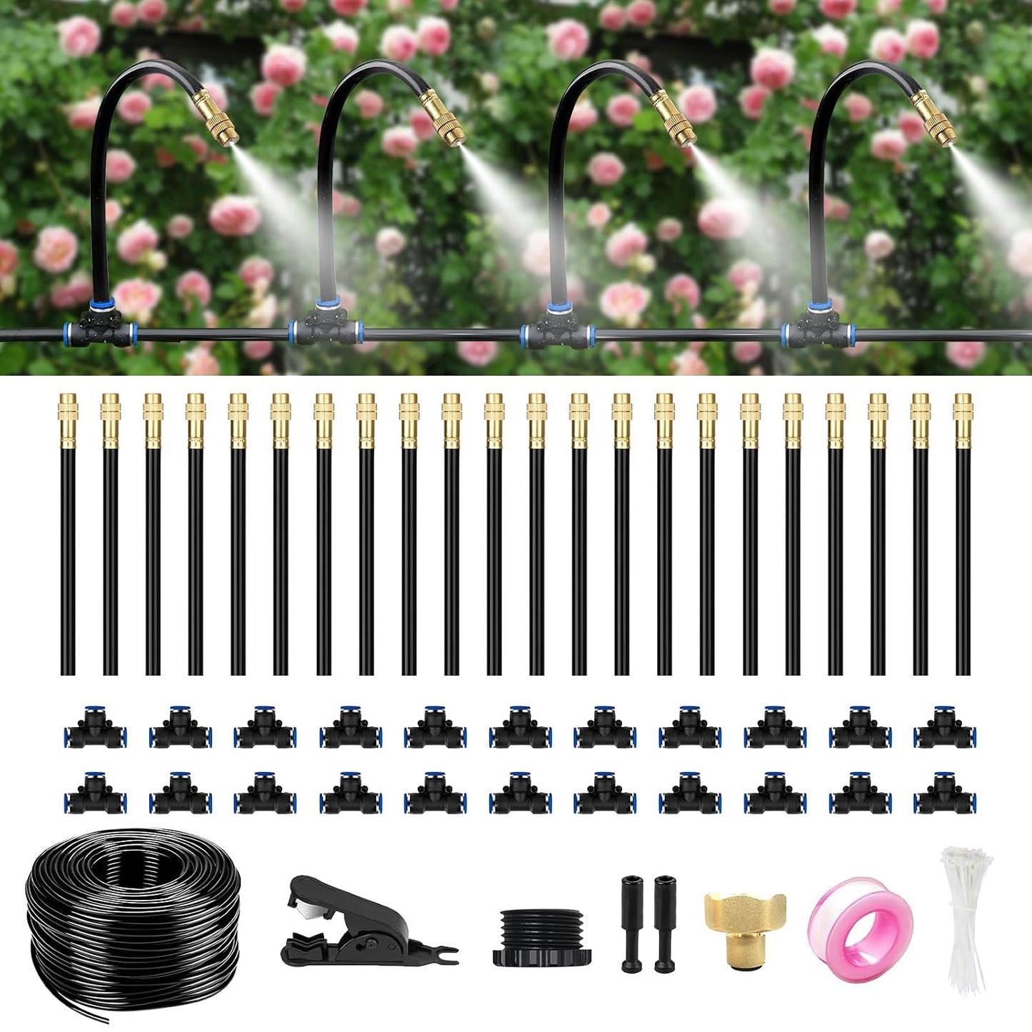 60FT Drip Irrigation System for Garden – Automatic Watering Kit with Solid Brass Metal Connectors, 360° Bendable Tubing &16 Adjustable Nozzles for Greenhouse, Lawn, Yard & Plants