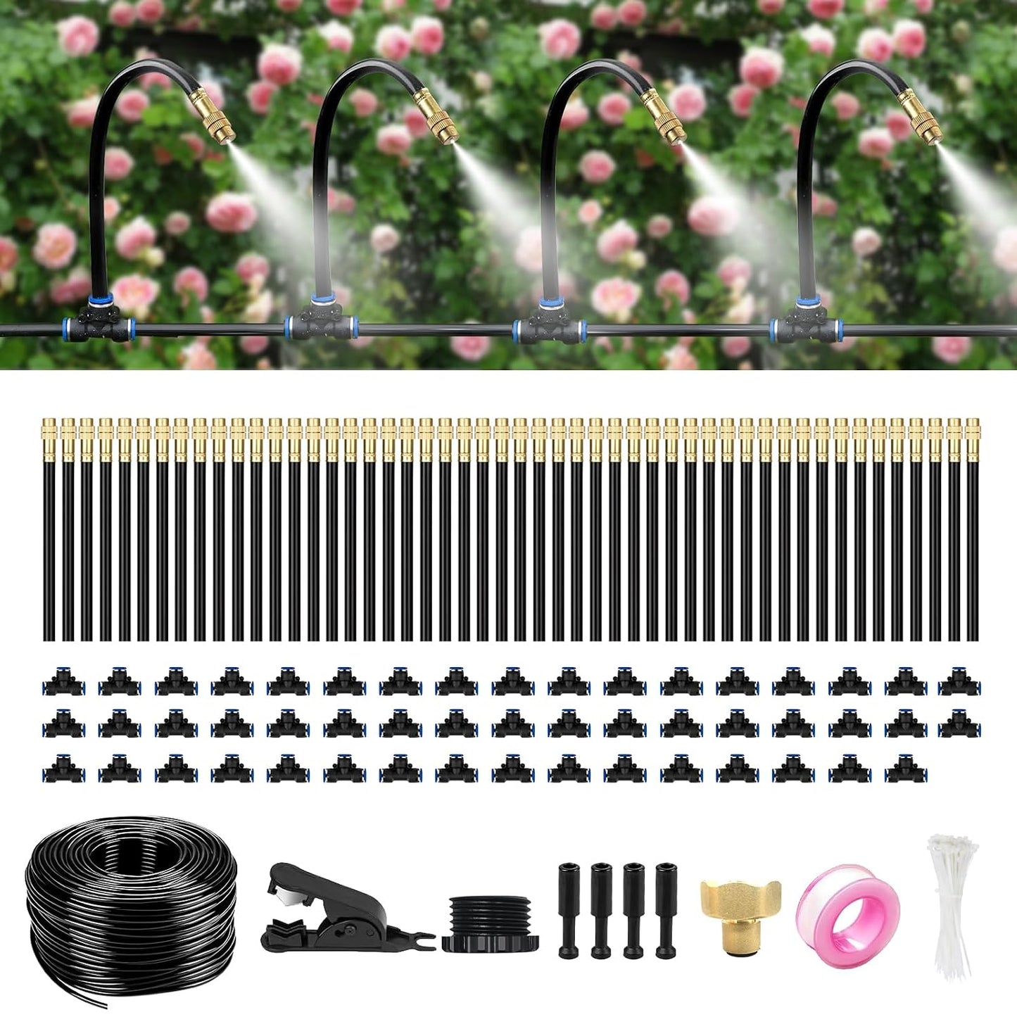 60FT Drip Irrigation System for Garden – Automatic Watering Kit with Solid Brass Metal Connectors, 360° Bendable Tubing &16 Adjustable Nozzles for Greenhouse, Lawn, Yard & Plants
