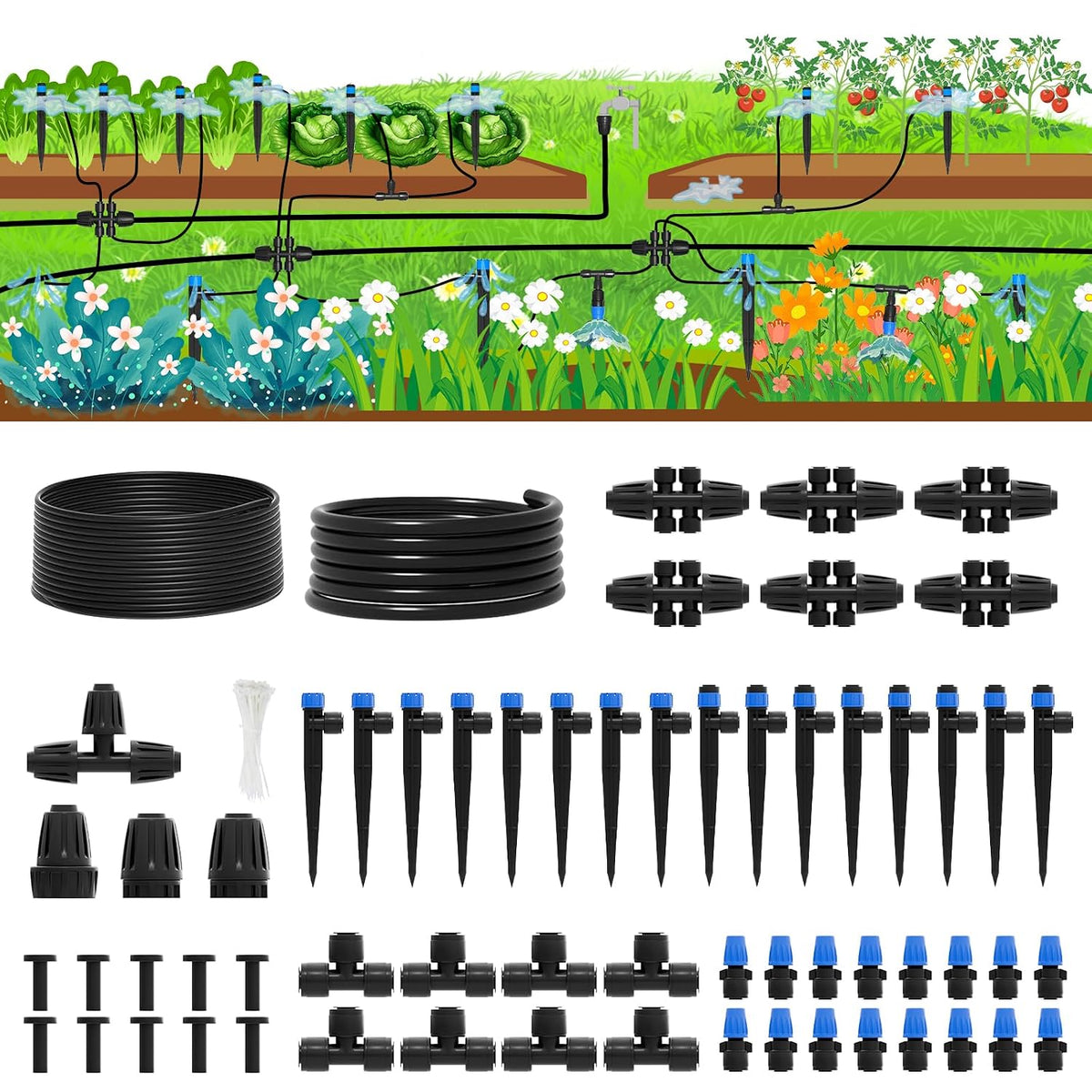 60FT Drip Irrigation System for Garden – Automatic Watering Kit with Solid Brass Metal Connectors, 360° Bendable Tubing &16 Adjustable Nozzles for Greenhouse, Lawn, Yard & Plants