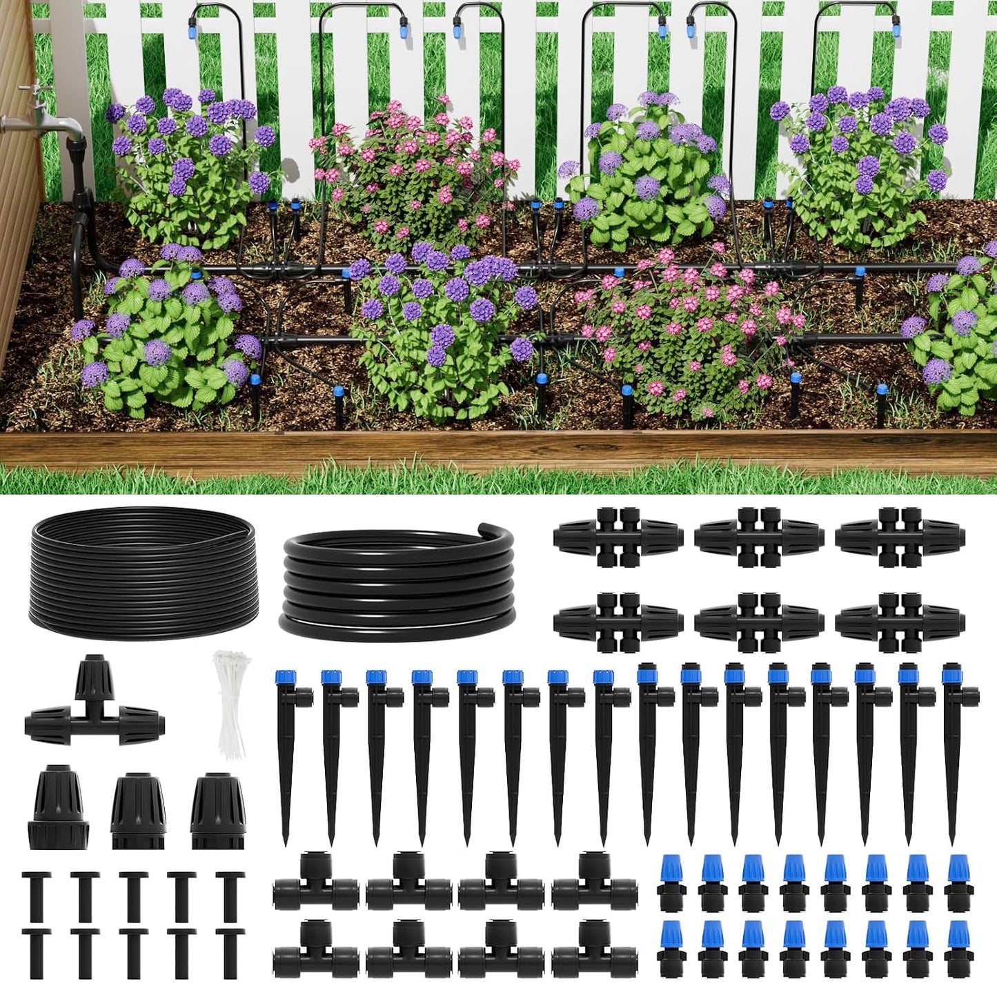 60FT Drip Irrigation System for Garden – Automatic Watering Kit with Solid Brass Metal Connectors, 360° Bendable Tubing &16 Adjustable Nozzles for Greenhouse, Lawn, Yard & Plants