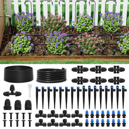 60FT Drip Irrigation System for Garden – Automatic Watering Kit with Solid Brass Metal Connectors, 360° Bendable Tubing &16 Adjustable Nozzles for Greenhouse, Lawn, Yard & Plants