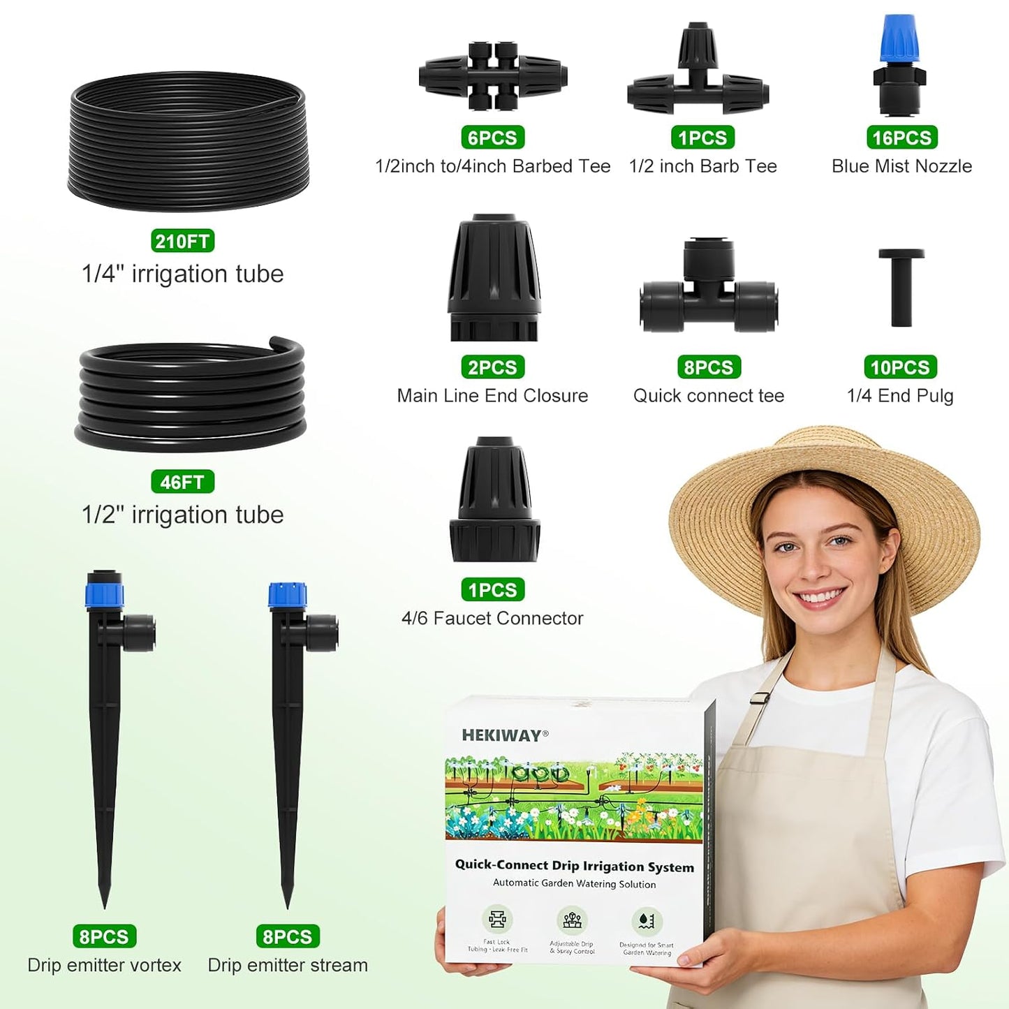 60FT Drip Irrigation System for Garden – Automatic Watering Kit with Solid Brass Metal Connectors, 360° Bendable Tubing &16 Adjustable Nozzles for Greenhouse, Lawn, Yard & Plants