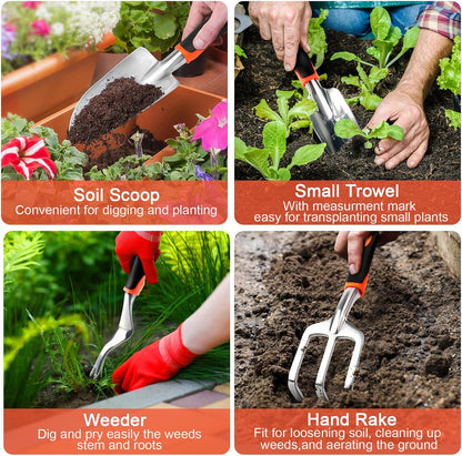 Garden Tools Set, 8 Piece Gardening Tools Set with Non Slip Ergonomic Handle, Heavy Duty Garden Tool Set with Storage Bag, Gardening Kit for Women, Garden Hand Tools Gift for Women and Men, Orange