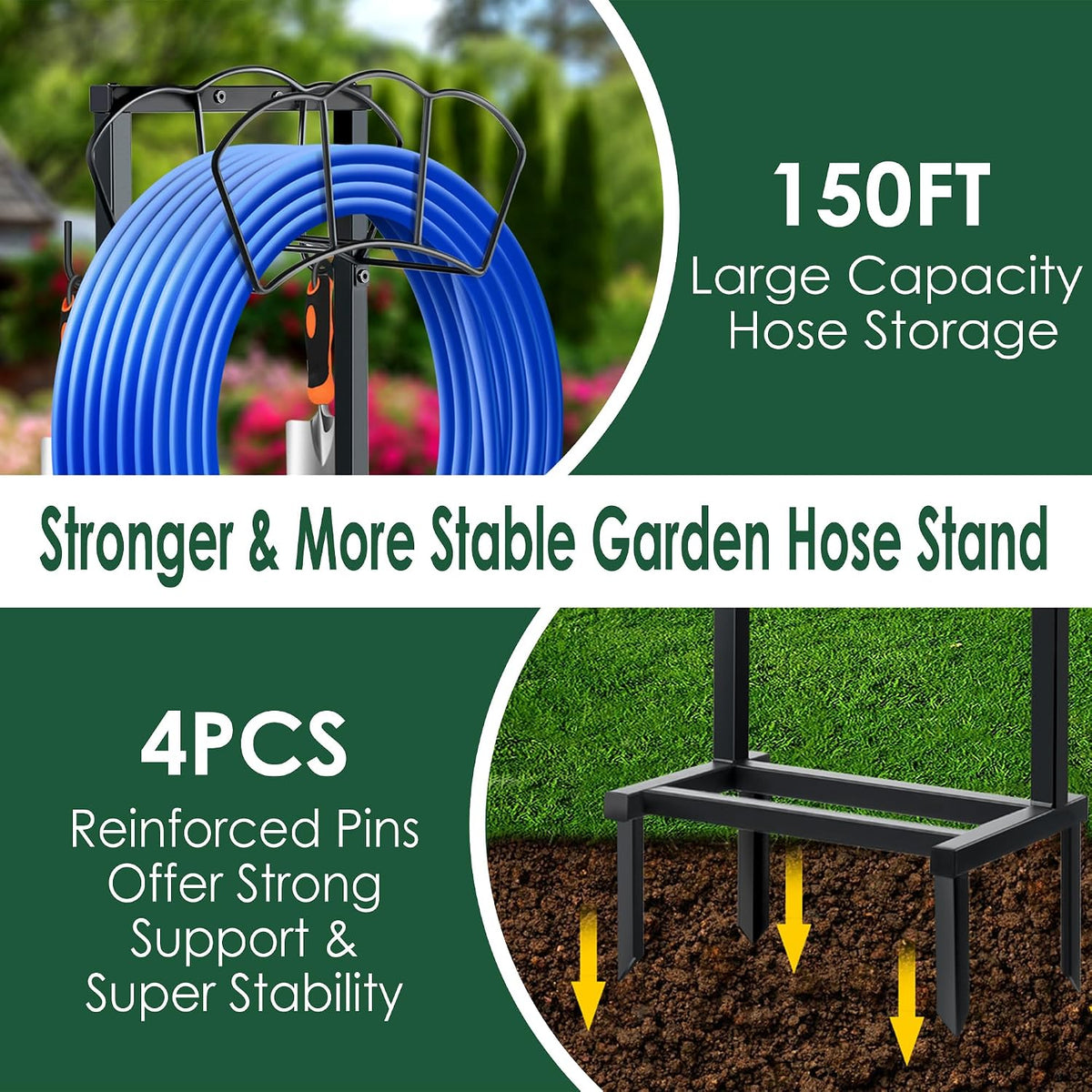 Garden Hose Holder, Heavy Duty Water Hose Holders, Sturdy Metal Hose Stand, Hose Organizer, Water Hose Hanger Rack, Hose Reel Storage Stake hold 150Ft Water Hoses, for Patio, Lawn, Garden