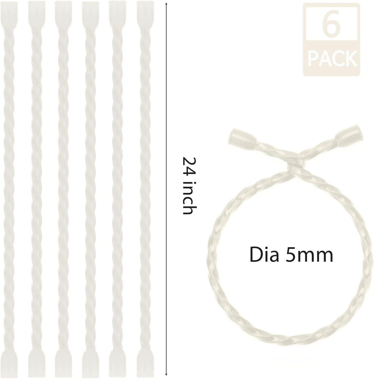 6 PCS 24-Inch Silicone Cable Ties Dia 5mm - Reusable Rubber Twist Ties Bendable Cable Ties for Bundling and Holding, All Purpose Steel-Core Cord Tie for Indoor and Outdoor (White)