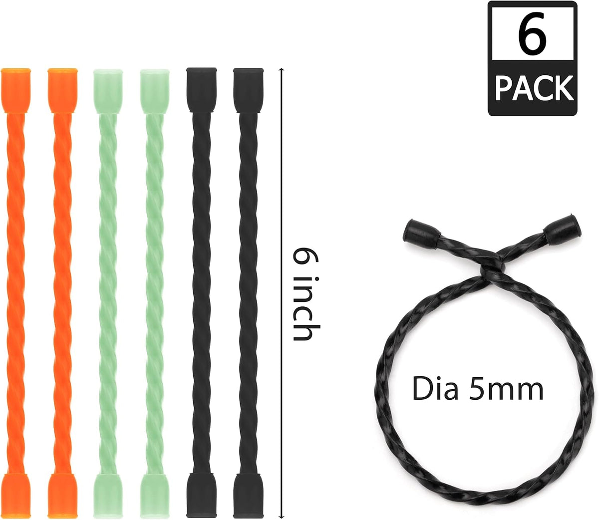 6 PCS 24-Inch Silicone Cable Ties Dia 5mm - Reusable Rubber Twist Ties Bendable Cable Ties for Bundling and Holding, All Purpose Steel-Core Cord Tie for Indoor and Outdoor (White)