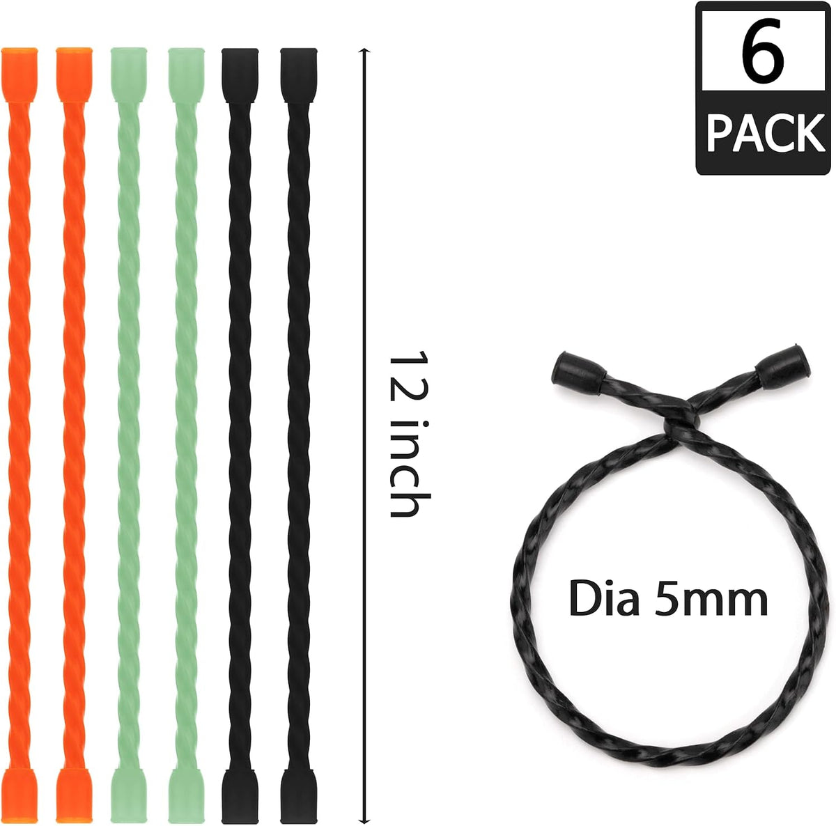 6 PCS 24-Inch Silicone Cable Ties Dia 5mm - Reusable Rubber Twist Ties Bendable Cable Ties for Bundling and Holding, All Purpose Steel-Core Cord Tie for Indoor and Outdoor (White)