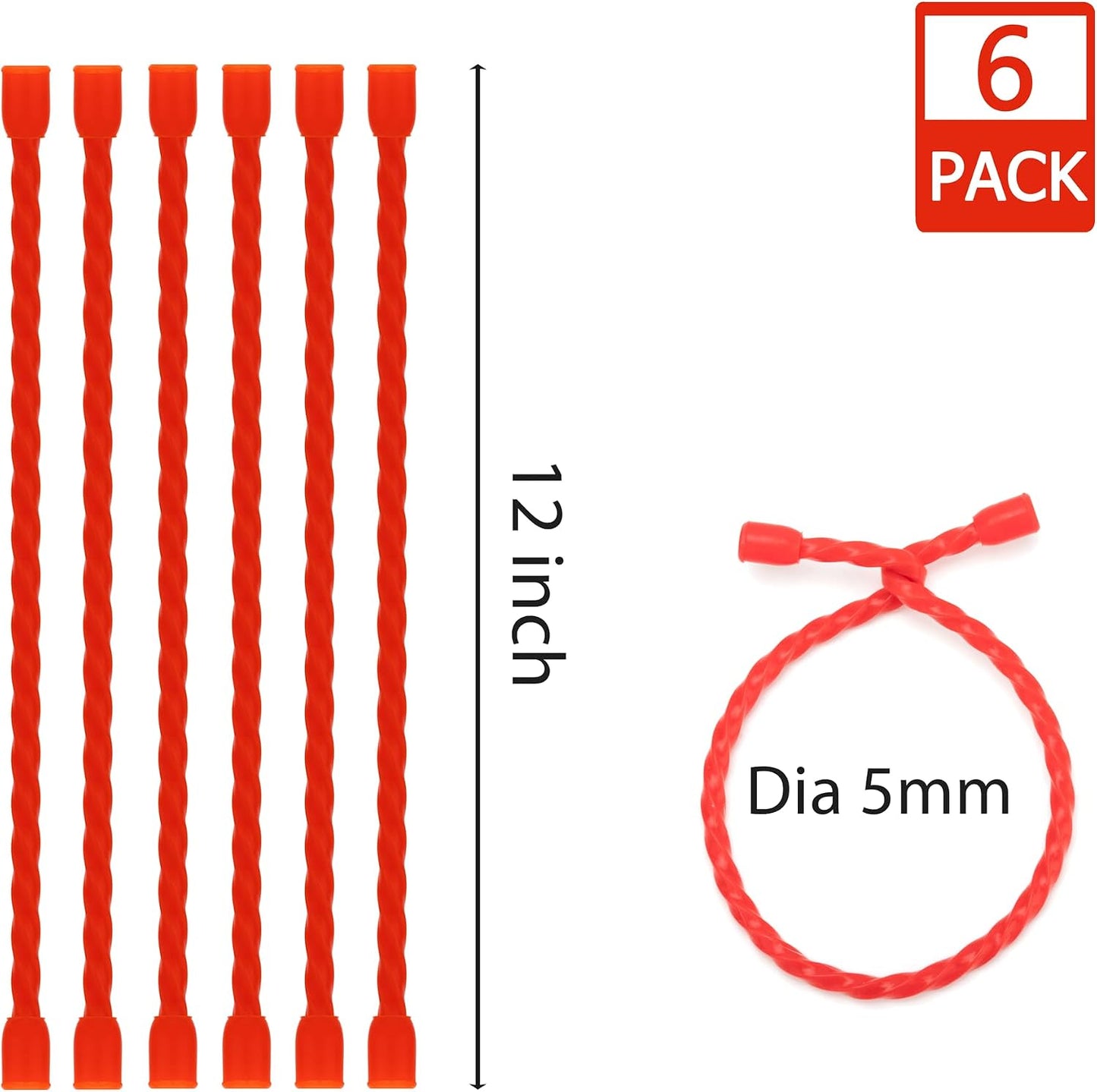 6 PCS 24-Inch Silicone Cable Ties Dia 5mm - Reusable Rubber Twist Ties Bendable Cable Ties for Bundling and Holding, All Purpose Steel-Core Cord Tie for Indoor and Outdoor (White)