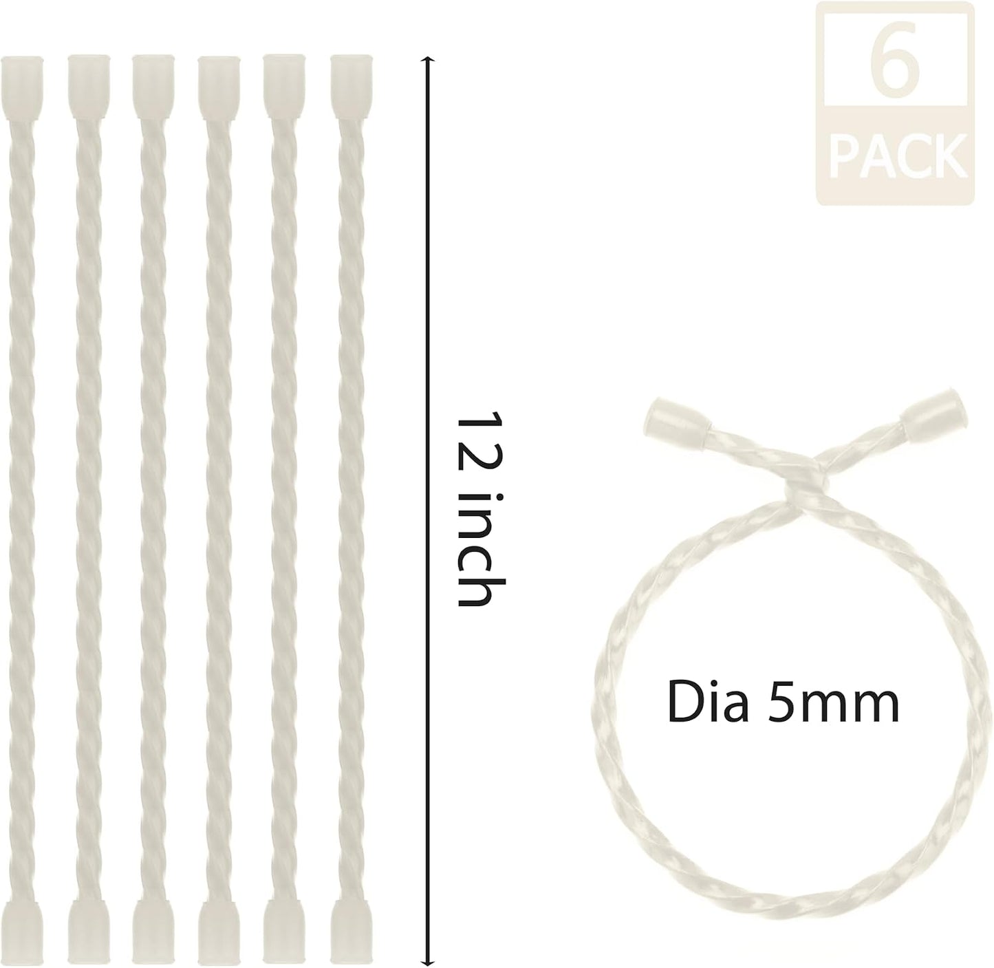 6 PCS 24-Inch Silicone Cable Ties Dia 5mm - Reusable Rubber Twist Ties Bendable Cable Ties for Bundling and Holding, All Purpose Steel-Core Cord Tie for Indoor and Outdoor (White)