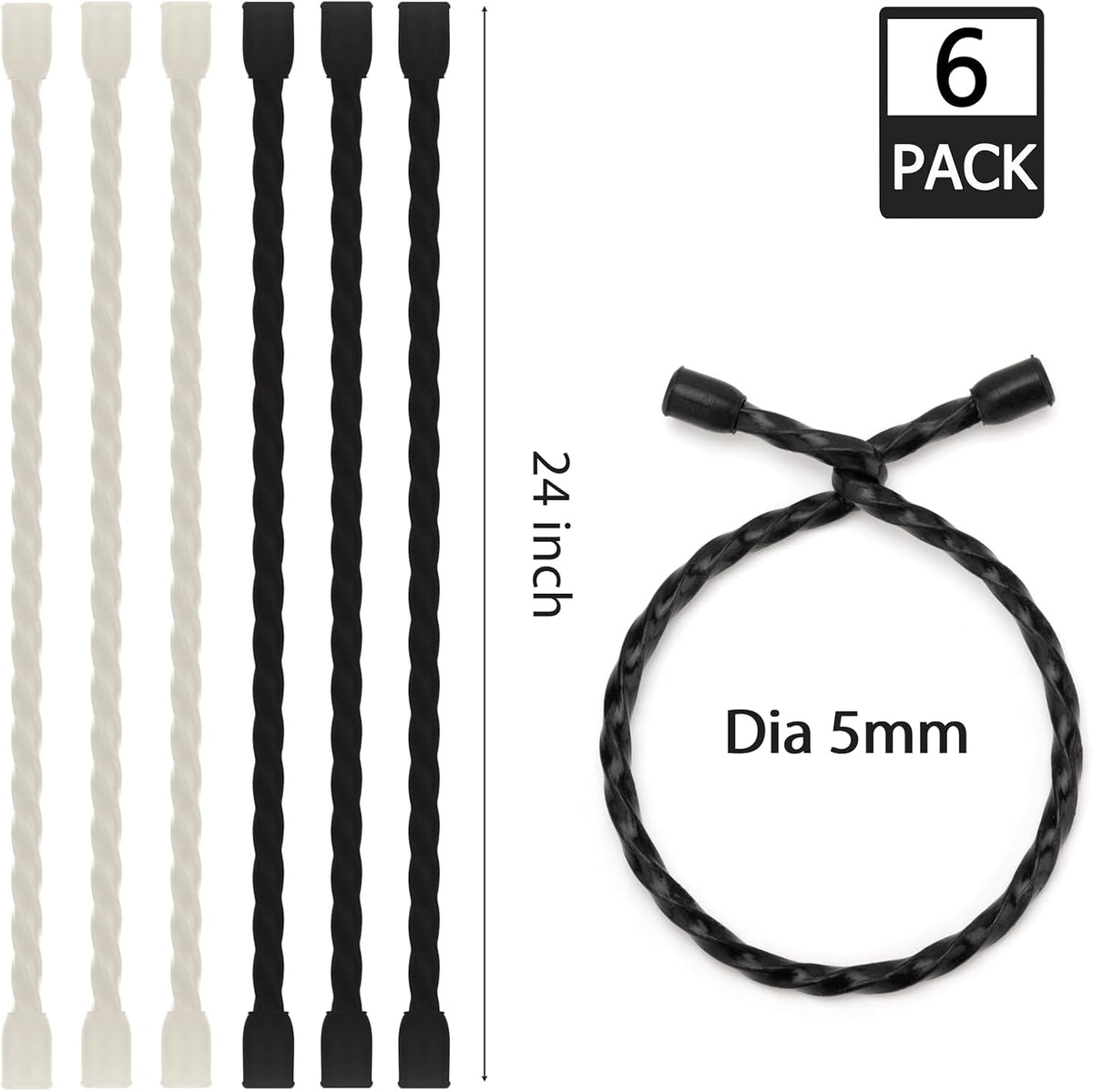 6 PCS 24-Inch Silicone Cable Ties Dia 5mm - Reusable Rubber Twist Ties Bendable Cable Ties for Bundling and Holding, All Purpose Steel-Core Cord Tie for Indoor and Outdoor (White)