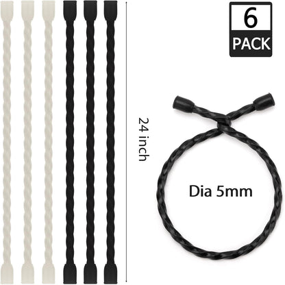 6 PCS 24-Inch Silicone Cable Ties Dia 5mm - Reusable Rubber Twist Ties Bendable Cable Ties for Bundling and Holding, All Purpose Steel-Core Cord Tie for Indoor and Outdoor (White)
