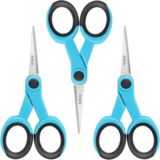 5” Detail Scissors, Embroidery Scissors with Sharp Stainless Steel Blade and Soft Handles, Great for Sewing, Craft, Office and School, 3 Pcs, Blue/Black