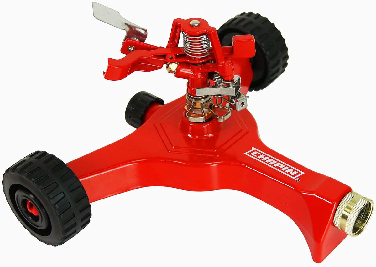 Wheeled Impact Sprinkler, 360° Automatic, Up to 85 ft Coverage, Red