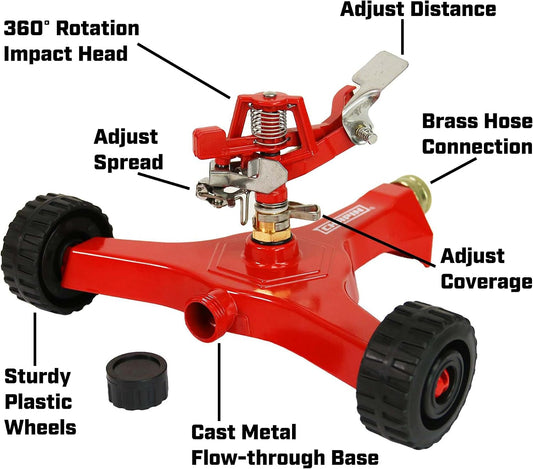 Wheeled Impact Sprinkler, 360° Automatic, Up to 85 ft Coverage, Red