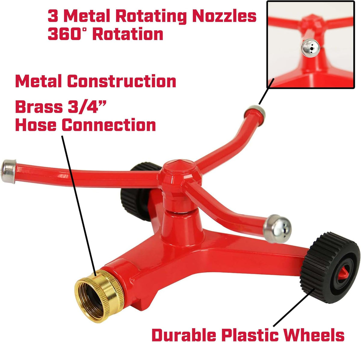 Wheeled Impact Sprinkler, 360° Automatic, Up to 85 ft Coverage, Red