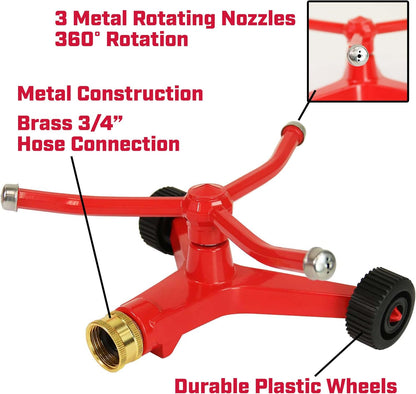 Wheeled Impact Sprinkler, 360° Automatic, Up to 85 ft Coverage, Red