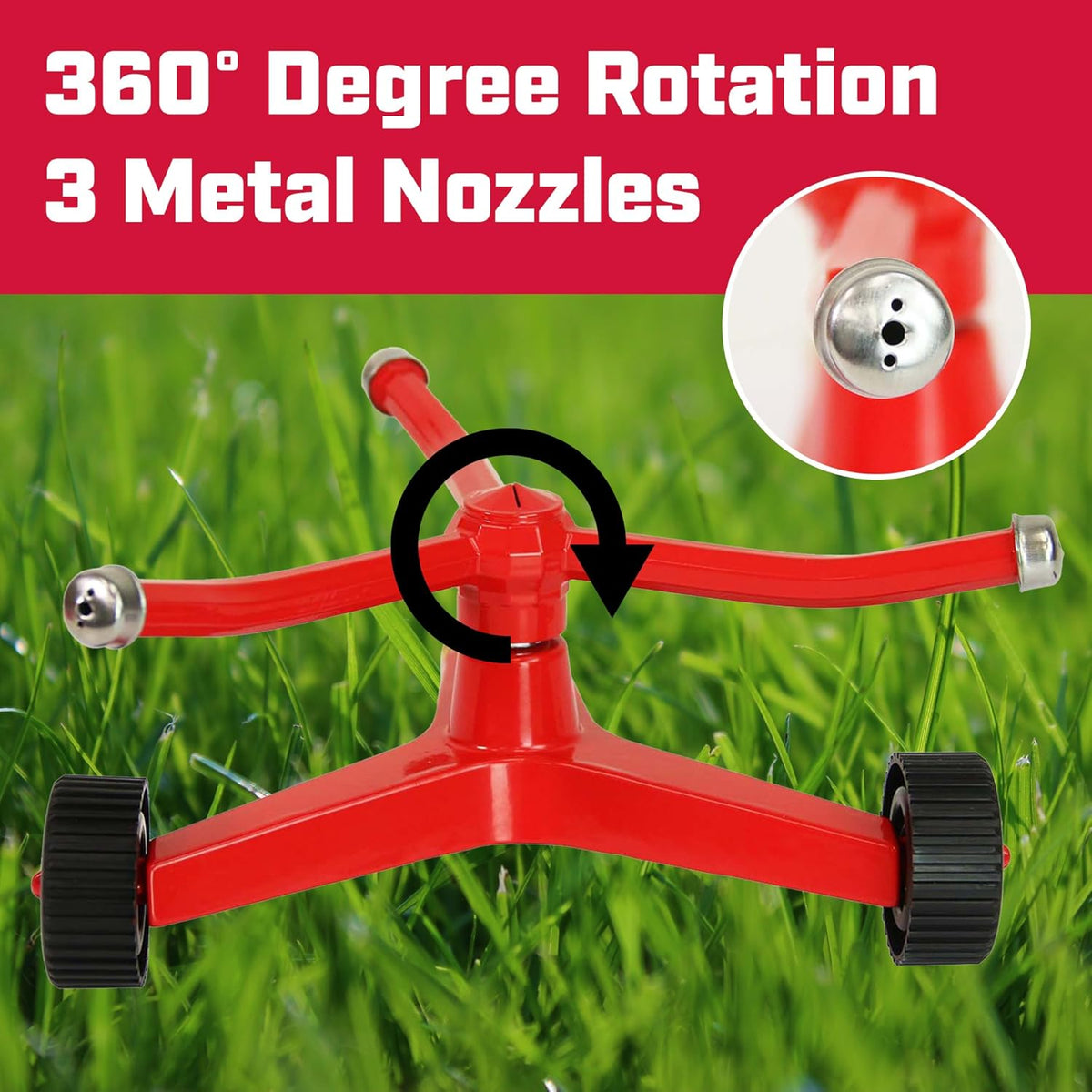 Wheeled Impact Sprinkler, 360° Automatic, Up to 85 ft Coverage, Red