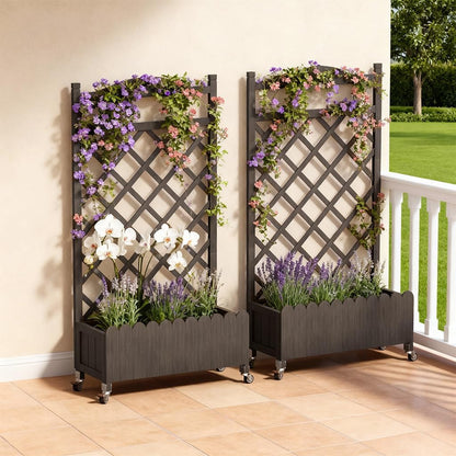 2 Pack Planter Box with Trellis and Wheels, 48In Elevated Raised Garden Bed, Drainage Holes, Outdoor Lattice for Climbing Flowers, Vegetables, Patio Balcony, Brown