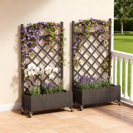 2 Pack Planter Box with Trellis and Wheels, 48In Elevated Raised Garden Bed, Drainage Holes, Outdoor Lattice for Climbing Flowers, Vegetables, Patio Balcony, Brown