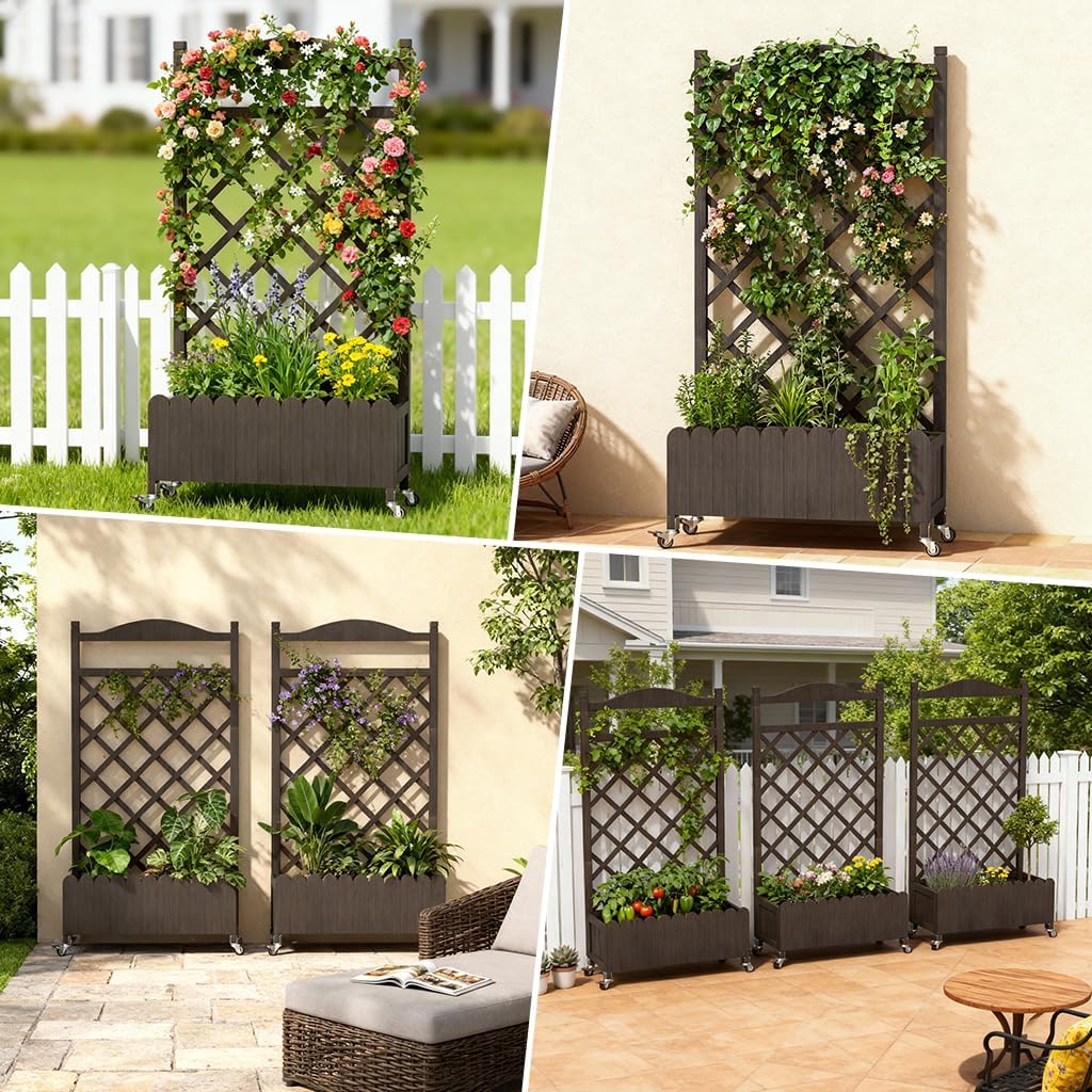 2 Pack Planter Box with Trellis and Wheels, 48In Elevated Raised Garden Bed, Drainage Holes, Outdoor Lattice for Climbing Flowers, Vegetables, Patio Balcony, Brown