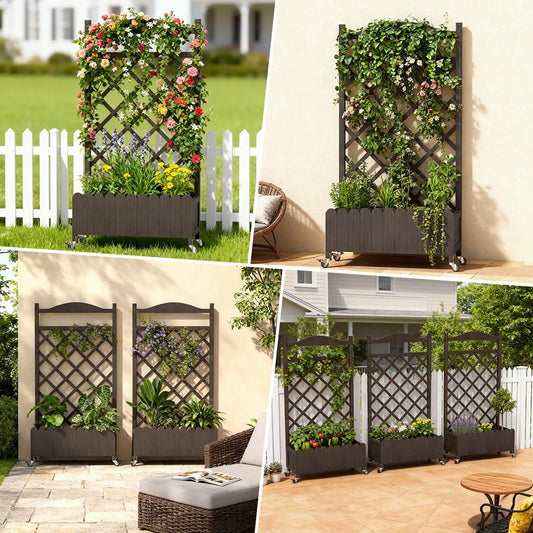 2 Pack Planter Box with Trellis and Wheels, 48In Elevated Raised Garden Bed, Drainage Holes, Outdoor Lattice for Climbing Flowers, Vegetables, Patio Balcony, Brown