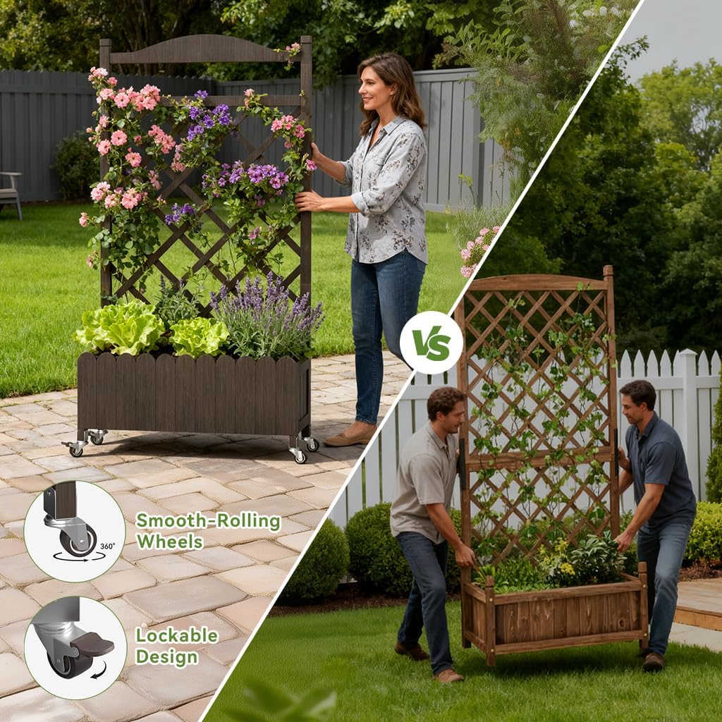 2 Pack Planter Box with Trellis and Wheels, 48In Elevated Raised Garden Bed, Drainage Holes, Outdoor Lattice for Climbing Flowers, Vegetables, Patio Balcony, Brown