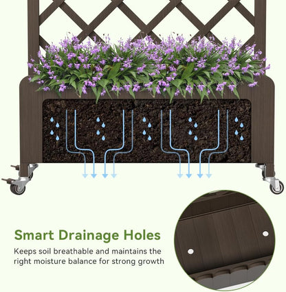 2 Pack Planter Box with Trellis and Wheels, 48In Elevated Raised Garden Bed, Drainage Holes, Outdoor Lattice for Climbing Flowers, Vegetables, Patio Balcony, Brown