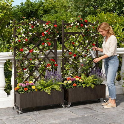 2 Pack Planter Box with Trellis and Wheels, 48In Elevated Raised Garden Bed, Drainage Holes, Outdoor Lattice for Climbing Flowers, Vegetables, Patio Balcony, Brown