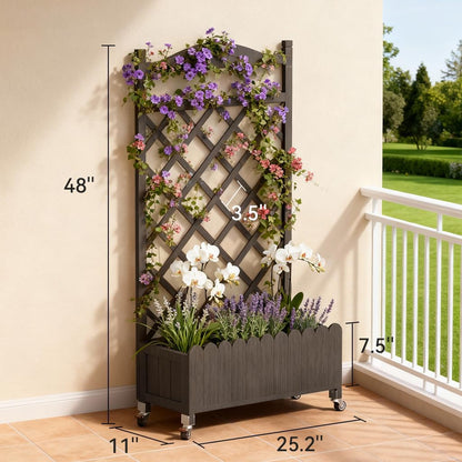 2 Pack Planter Box with Trellis and Wheels, 48In Elevated Raised Garden Bed, Drainage Holes, Outdoor Lattice for Climbing Flowers, Vegetables, Patio Balcony, Brown