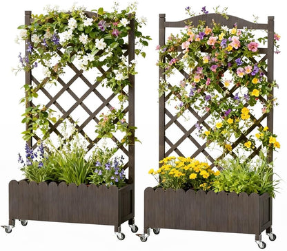 2 Pack Planter Box with Trellis and Wheels, 48In Elevated Raised Garden Bed, Drainage Holes, Outdoor Lattice for Climbing Flowers, Vegetables, Patio Balcony, Brown