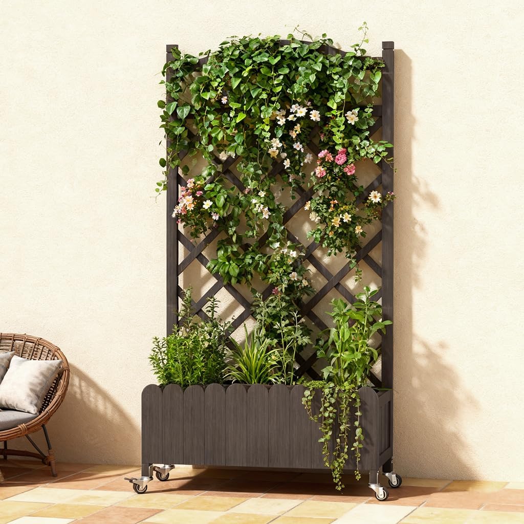 2 Pack Planter Box with Trellis and Wheels, 48In Elevated Raised Garden Bed, Drainage Holes, Outdoor Lattice for Climbing Flowers, Vegetables, Patio Balcony, Brown