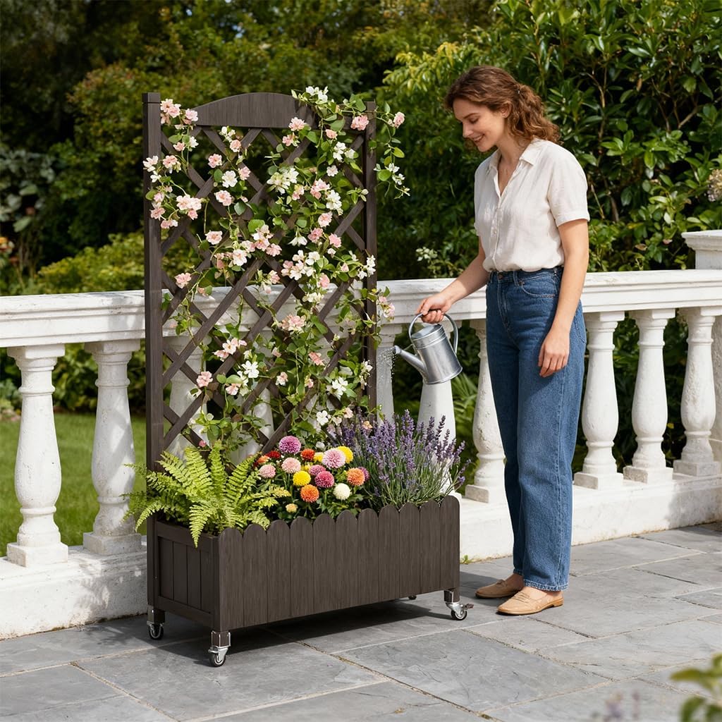 2 Pack Planter Box with Trellis and Wheels, 48In Elevated Raised Garden Bed, Drainage Holes, Outdoor Lattice for Climbing Flowers, Vegetables, Patio Balcony, Brown