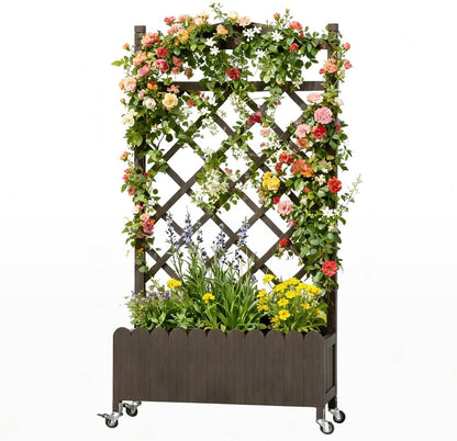 2 Pack Planter Box with Trellis and Wheels, 48In Elevated Raised Garden Bed, Drainage Holes, Outdoor Lattice for Climbing Flowers, Vegetables, Patio Balcony, Brown